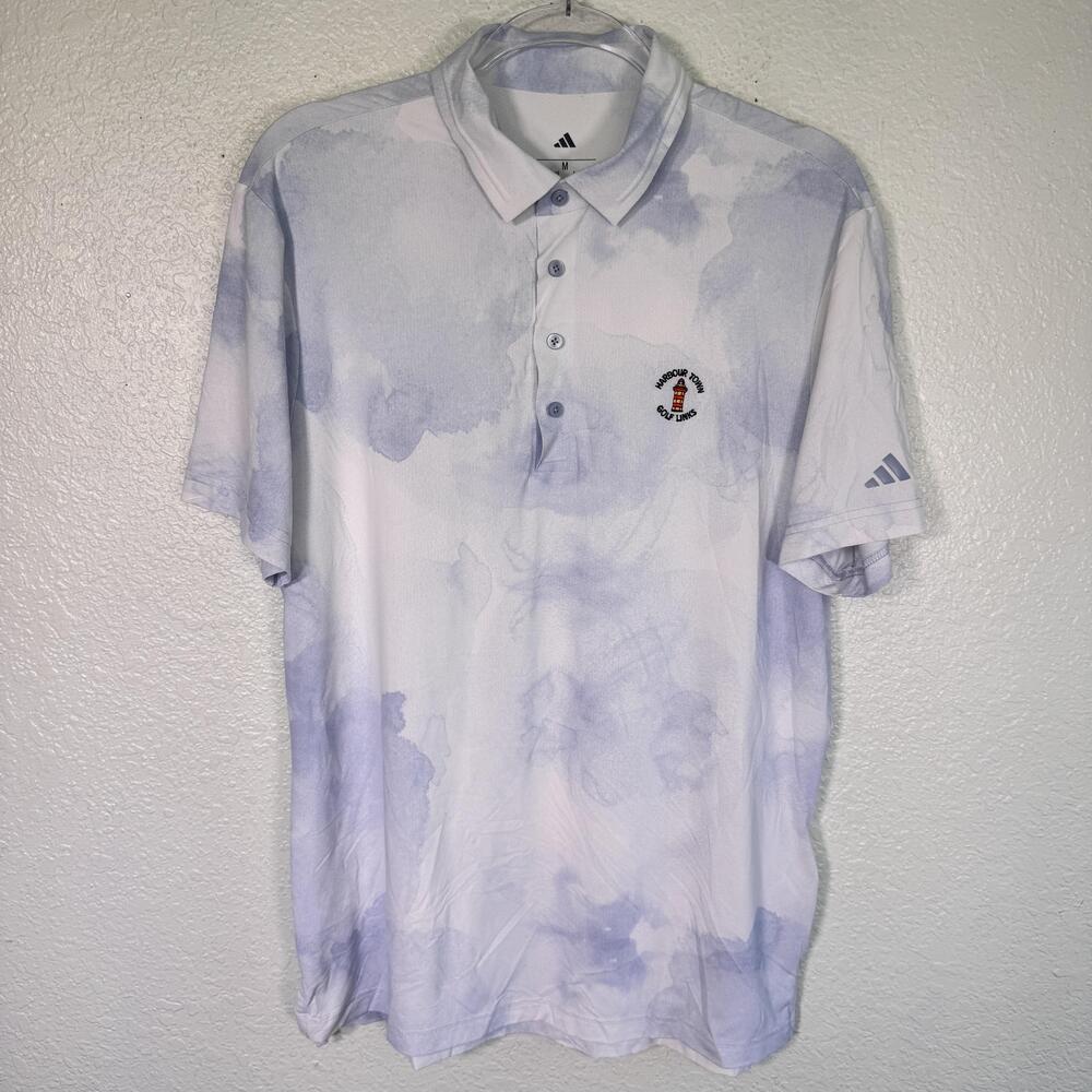 Adidas Polo Shirt Mens Medium Harbour Town Golf Links Tie Dye Print White Blue